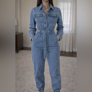 SHEIN Vintage Blue Denim Jumpsuit Belted Waist Long Sleeve Tapered Leg size 6